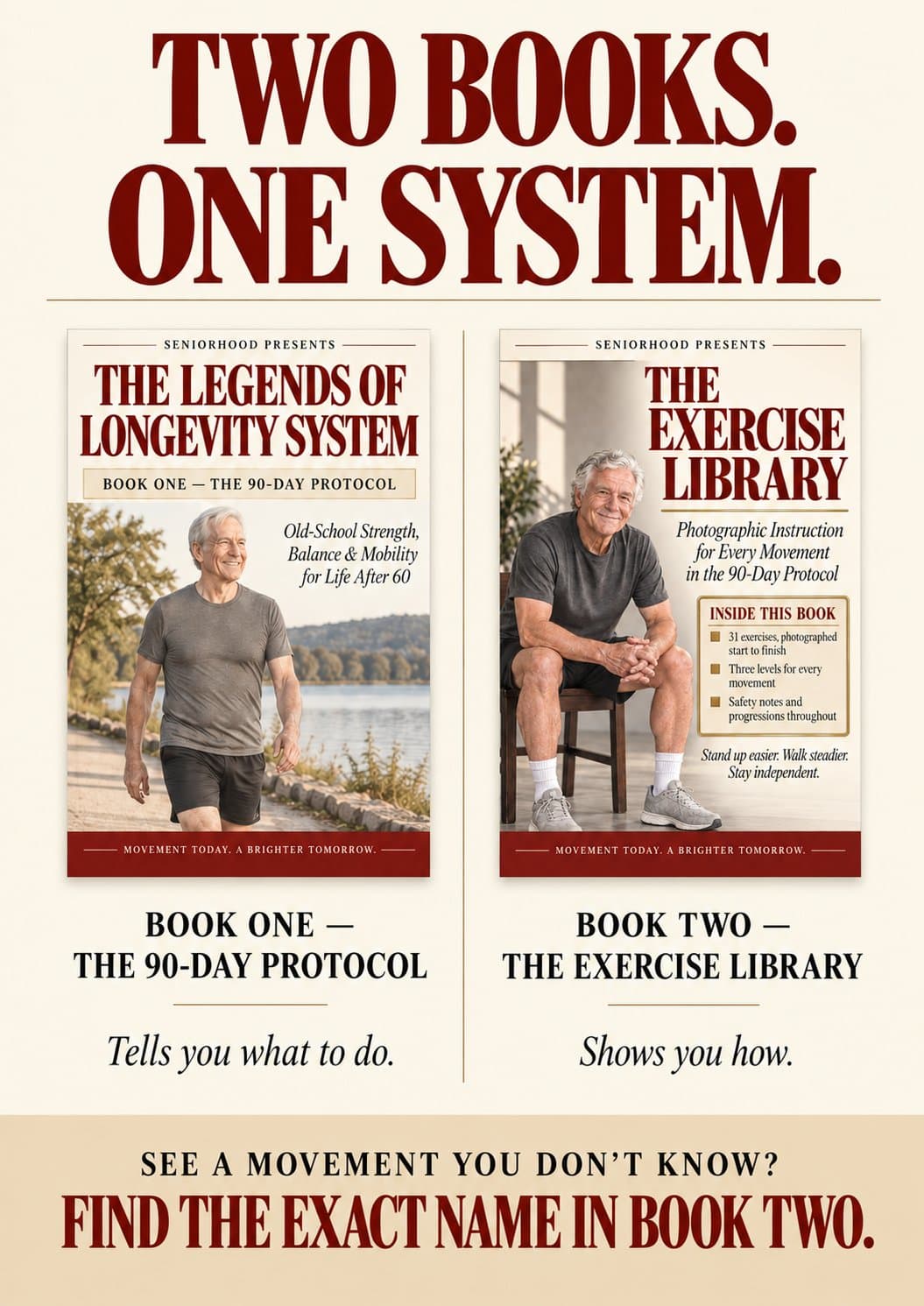 Two Books. One System. — side-by-side covers of Book One: The 90-Day Protocol and Book Two: The Exercise Library, with the note: Book One tells you what to do, Book Two shows you how.